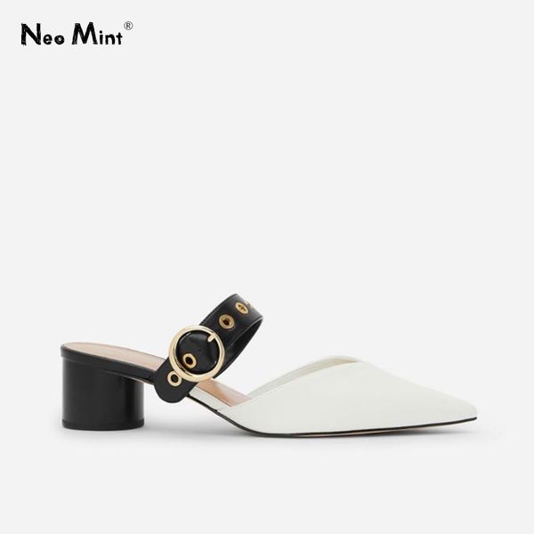 

punk style metal buckles women high heels mules 2020 pointed toe women sandals fashion mixed color summer slippers slides shoes, Black
