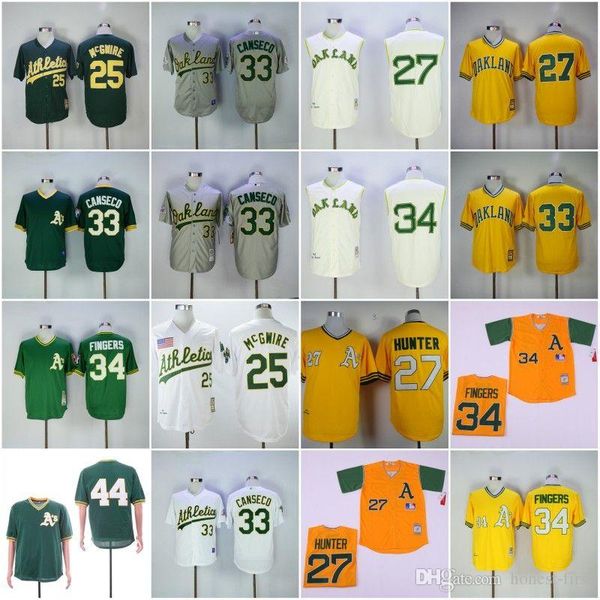 

Cheap Oakland Throwback 25# MCGWIRE 27# Hunter 33# CANSECO 34# 44# Grey White Yellow Green Retro Baseball News Shirt Stitched