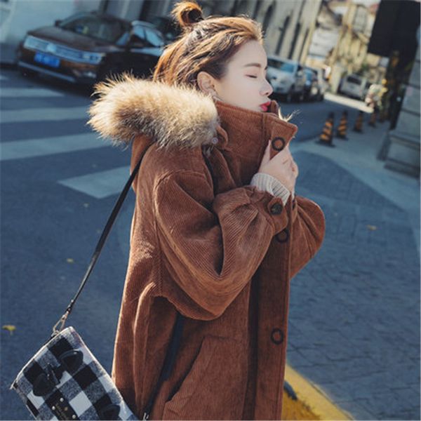 

2019 new winter corduroy jacket cotton clothing women's long lambs bf thick warm parkas jackets female hooded overcoats v1145, Black