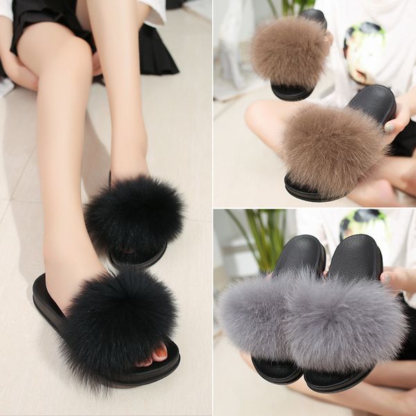 

35-44 fluffy fur open toe slippers girls 5 colors furry sandals women soft heel flats slides feminina mink hair beach flipflops, Black