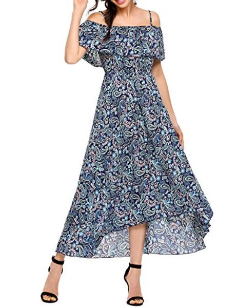 

se miu womens boho floral print off shoulder spaghetti strap long dress maxi casual dress, Black;gray