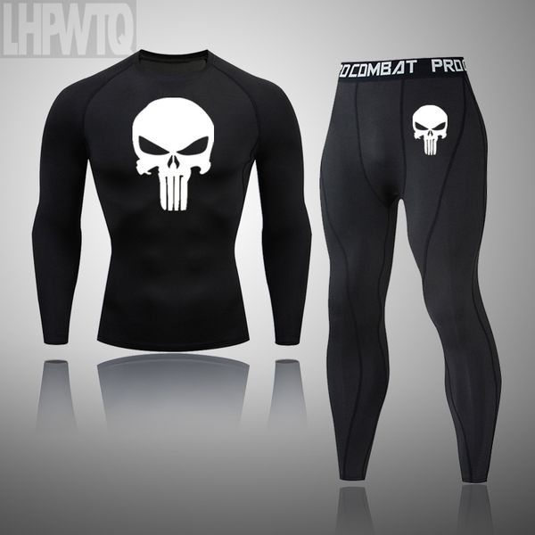 

men's punisher compression running pants sportswear training thermal leggings tracksuit sets mens gym fitness skull clothing, Black;blue