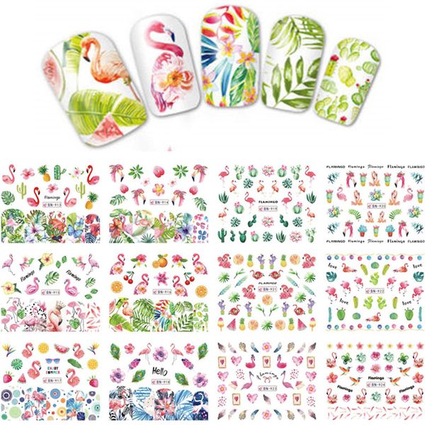 

12design/sheet nail art beauty water transfer decal slider nail stickers tropical palm flamingo bird cactus pine apple bn913-924, Black