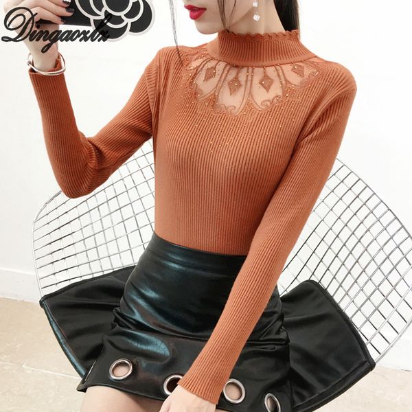 

dingaozlz winter women knitted pullovers mesh patchwork hollow lace embroidery long sleeve warm thick sweater shirt, White;black