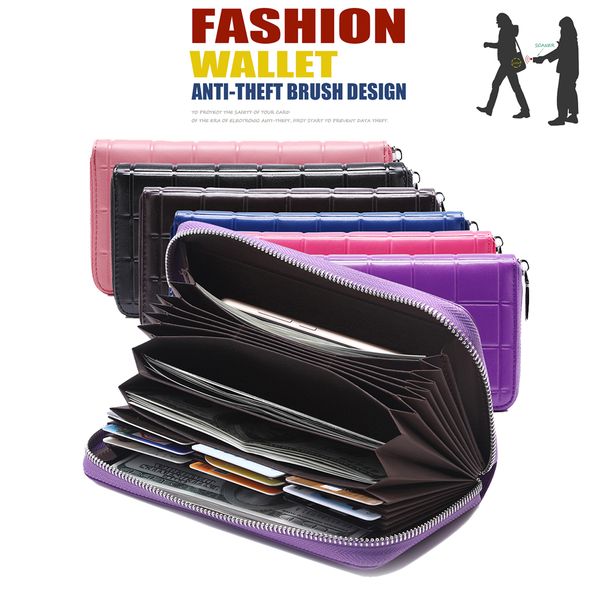 

genuine leather casual women long clutch wallets rfid blocking zipper purses handphone pocket banknote pouches organizer bag handbags new, Red;black
