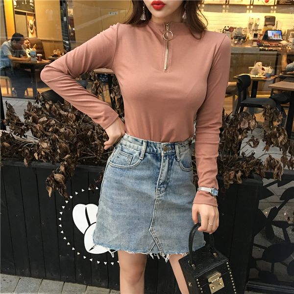 

dccghty 2019 spring zipper turtleneck solid long sleeve women t-shirt cotton korean tees pullover female casual, White