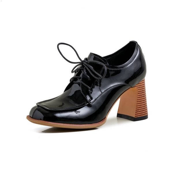 

women genuine leather high heels shoes woman square toe vintage comfort office pumps ladies ladies shoes woman size 41 42 43, Black
