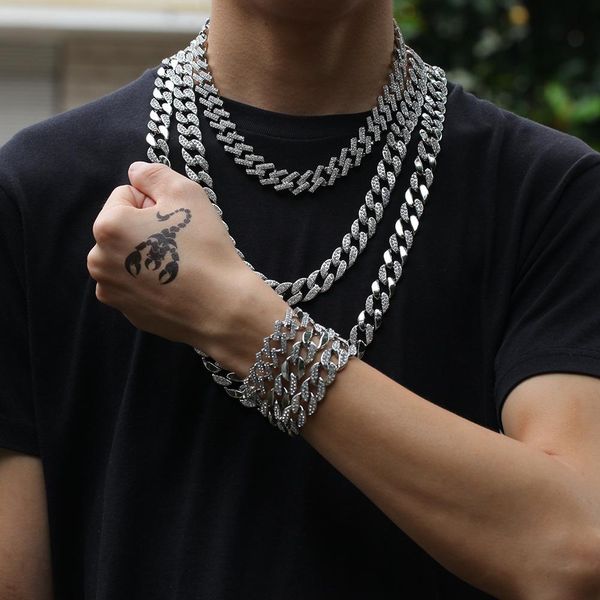 

hip hop gold plated iced out diamond cuban link chain necklace bracelet set mens rapper bling jewelry birthday gifts for boyfriend for sale, Silver