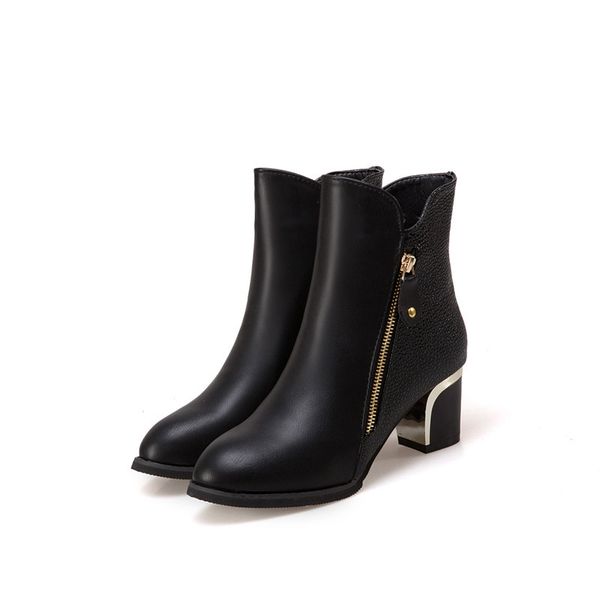 

big size casual women boots leather block heel ankle boots woman autumn fashion side zip thick heeled shoes laarzen dames, Black