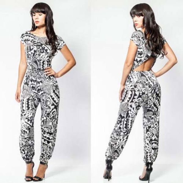 

fashion womens short sleeve 2015s printing 2015s backless bodysuit club party cocktail dress, Black;white