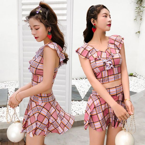 

2020 swimming female conservative split student bikini two-piece boxer skirt bikini swimsuit swimsuit, White;black