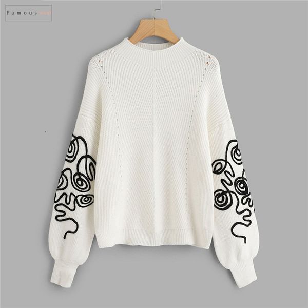 

sweater white elegant sleeve eyelet detail jumper bishop casual round neck long sleeve women autumn pullovers sweaters, White;black