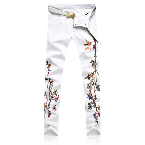 

newsosoo men's embroidery bird flower jean pencil pants slim casual denim trousers fashion style embroidered jeans joggers white, Blue