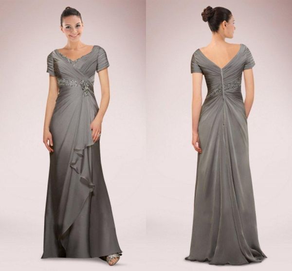 

2019 mother of the bride/groom dresses with short sleeves chiffon beads pleats grey silver formal wear evening party prom gowns custom made, Black;red
