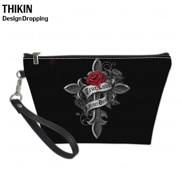 

thikin women's makeup bag rose cross faith printing pu leather cosmetic cases for ladies muti-function storage box neceser mujer