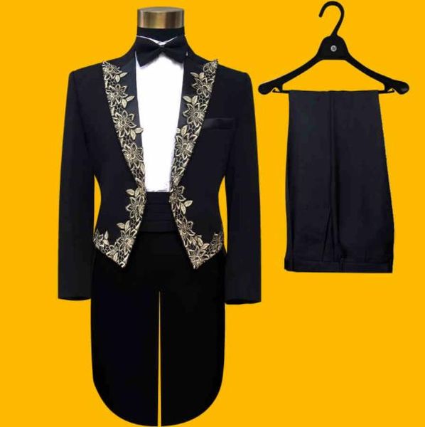 

jacket+pants+bowtie) fashion brand mens suits tuxedos tailcoat male wedding slim blazers prom groom black embroidered suit, White;black