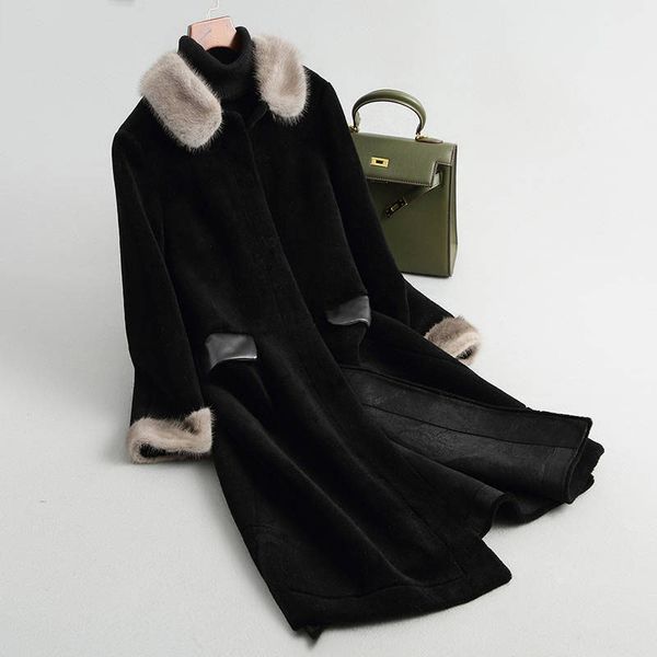

2019 autumn winter women's real fur coat female sheep shearing fur overcoat genuine mink collar jacket thick warm wool coat a35, Black