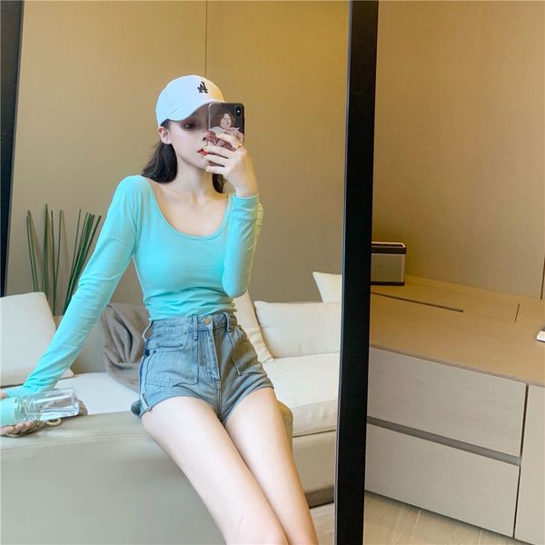 

early spring 2020 new backless long-sleeved t-shirt goddess fan low-cut u-neck black shirt short womens fashion, White