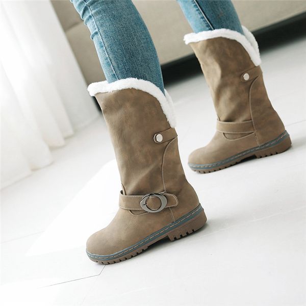 

ymechic 2018 winter warm snow boots women mid calf flock khaki brown buckle large size low heel footwear woman riding boots, Black