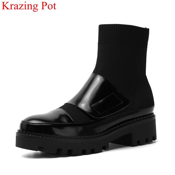 

brand cow leather round toe dress med heel ankle boots office lady platform party runway concise solid strech winter shoes l00, Black