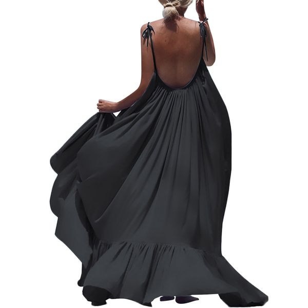 

plus size summer dress women 2019 sleeveless backless spaghetti strap long backless dress evening party pleated vestidos, Black;gray