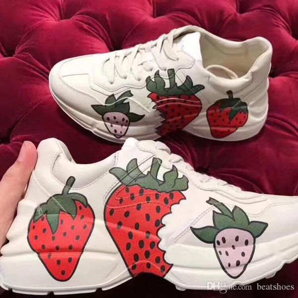 

women's rhyton sneakers with strawberry designer shoes genuine leather sneaker trainer mouth tiger print old dad shoes with box, Black