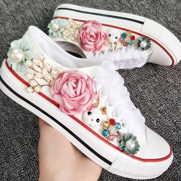 Rustic Wedding Shoes Women Handmade Rabbit Flowers Pearls Sneakers
