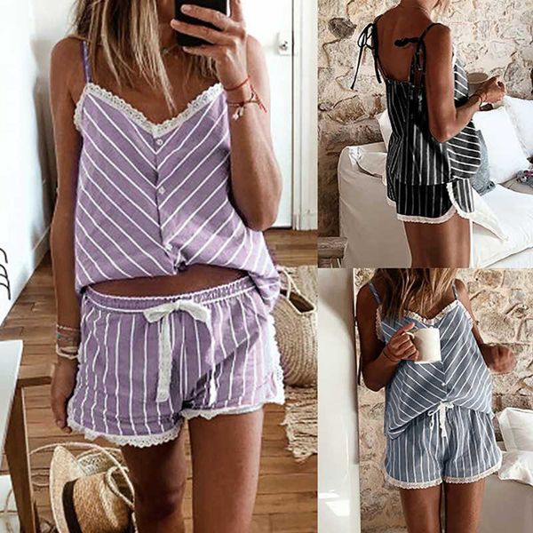 

women stripe short pajamas set sleeveless camisole shorts set plus size summer nightwear sleepwear two-piece nightwear, Black;blue