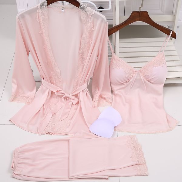 

2019 women's three-pieces bathrobe + long pants pajamas sets with chest padded slim body nightwear lingerie set size xxl, Blue;gray