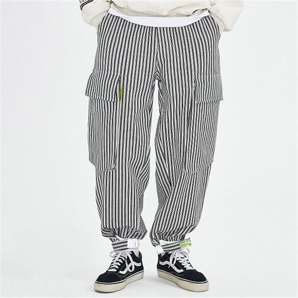 

men large pocket casual striped cargo pants male streetwear hip hop wide leg loose harem trousers jogger sweatpants, Black