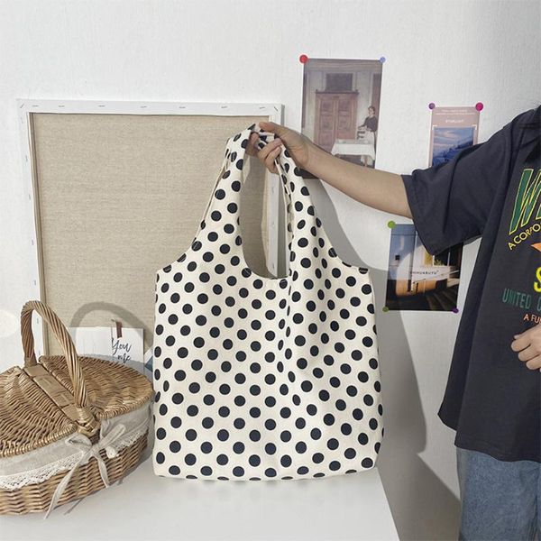 

polka dot printed shoulder bags classic texture creative design chic women canvas daily large reusable shopping totes