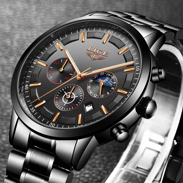 

lige brand fashion men watches waterproof sport chronograph men casual stainless steel quartz watch clock relogio masculino, Slivery;brown