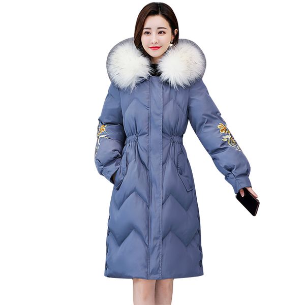 

winter jacket women fashion warm parka elegant embroidery casual overcoat big fur collar hooded long down cotton paddded coat, Black