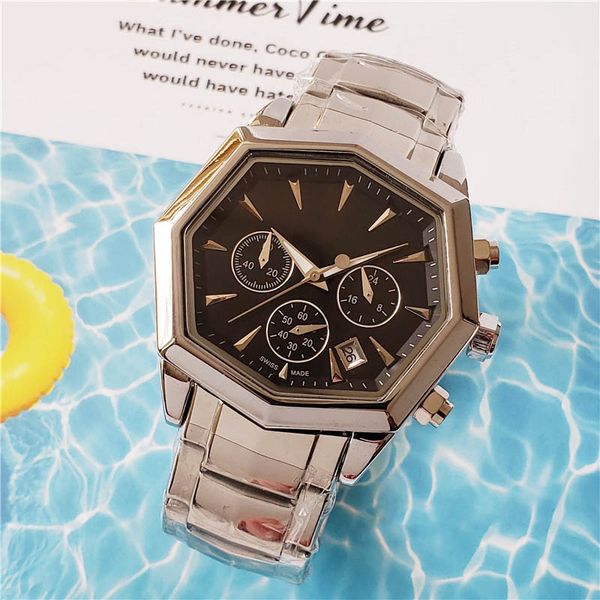 

современные мужские дизайнерские часы с восьмиугольным циферблатом из нержавеющей стали. все сабвуферы работают. хронограф. спортивные наруч, Slivery;brown