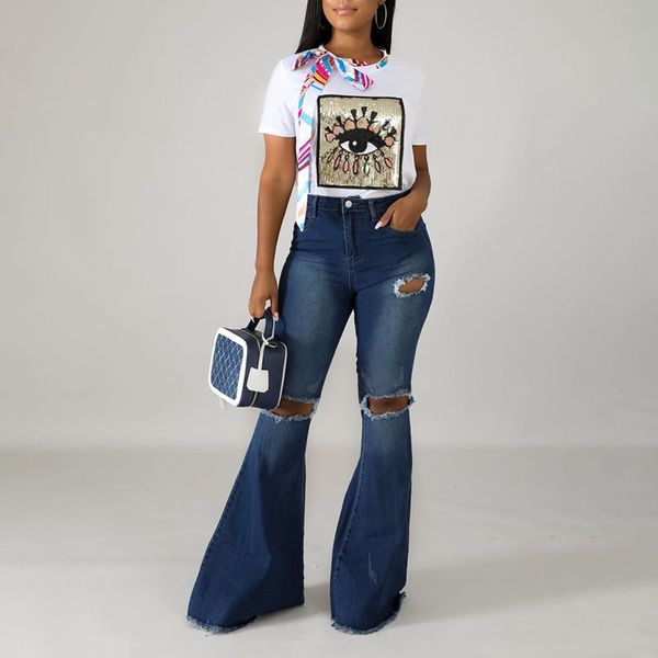 

fashion denim flare pants women retro ripped jeans wide leg trousers lady 2019 autumn high waist loose casual flare pant female, Blue
