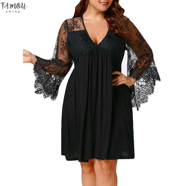 

large dress fashion women casual plus size solid color v-neck long-sleeved lace mini dress large sizes 5xl casual dropship jan13, Black;gray