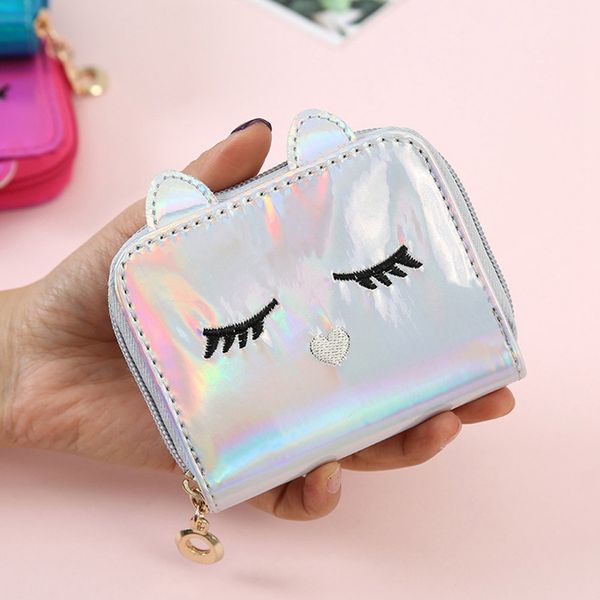 

mini hologram wallet female 3d cat holographic ladies bag with zipper coin purse women card id small girls wallet ing, Red;black