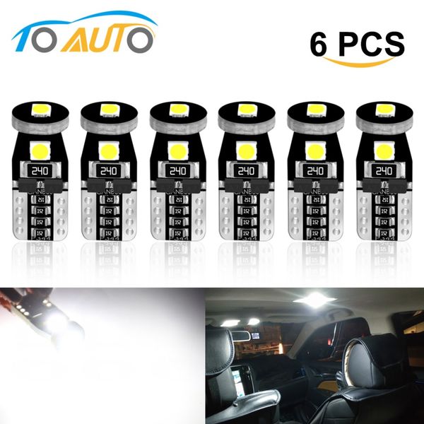 

6pcs 194 168 t10 w5w led canbus error led bulbs super bright 3030 chips car dome reading lights license plate lamp auto 12v