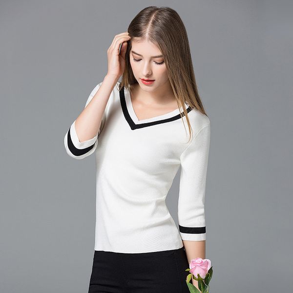 

2019 new autumn modal cotton knitted sweater shirt v-neck slim hit color three quarter sleeve knitwear european women clothing, White;black