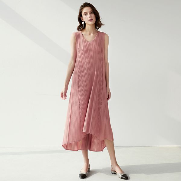 

casual dresses fashion summer dress 2021 female sundress miyake pleats big swing waist tie spaghetti strap v-neck sleeveless ribbed, Black;gray