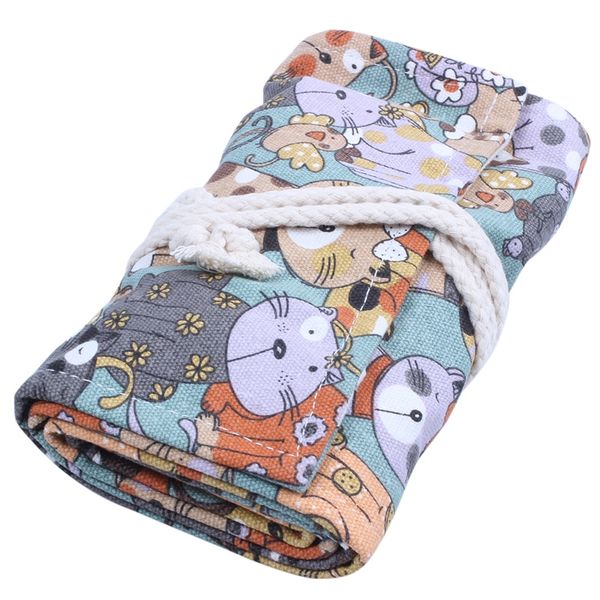 

72 hole big face cat cartoon canvas wrap roll up pencil case pen brush bag