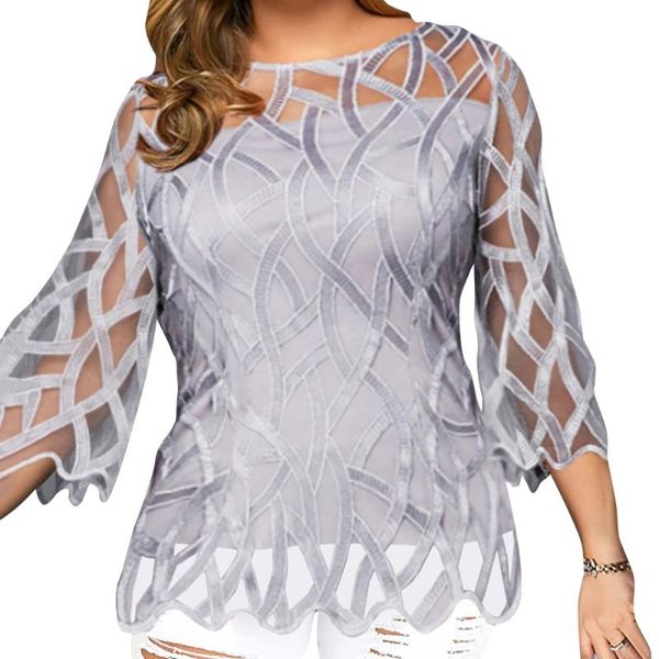 

6xl плюс размер блузы геометрическая сетка лоскутная рубашки женщины transparent рукавом элегантный офисы lady блуза blusas mujer d30, White