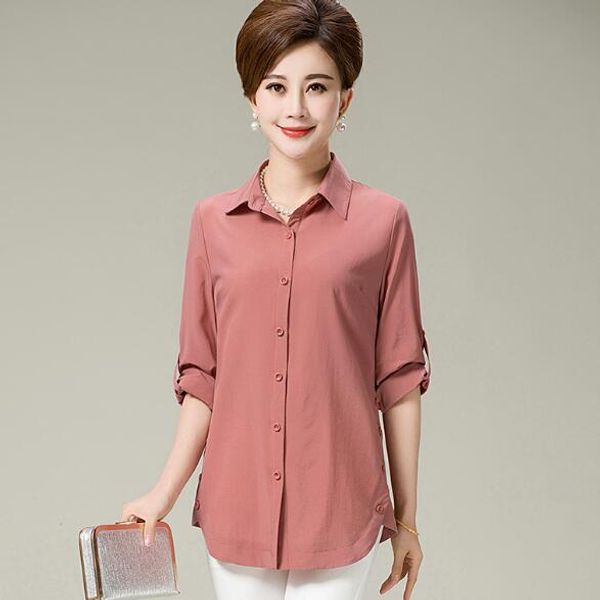 

2020 new spring autumn middle age women shirts pure color wrist sleeve female blouse loose plus size shirt 88, White