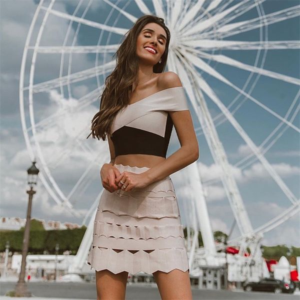 

celebrity party club women off shoulder short crop knitted hollow out a-line mini skirts ladies summer dress, White