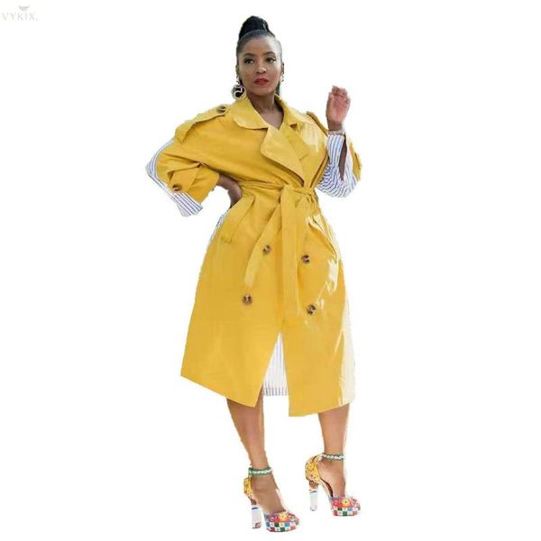 

new winter autumn womens clothing trench coat striped patchwork sashes long sleeve long coat trench pockets streetwear overcoat, Tan;black