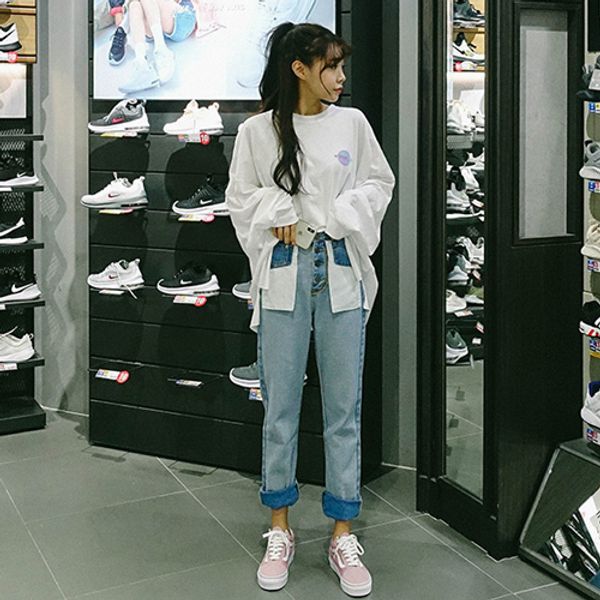 

denim jeans for women harem pants female high waist button patchwork pocket pants fashion korean style 2019 spring, Blue