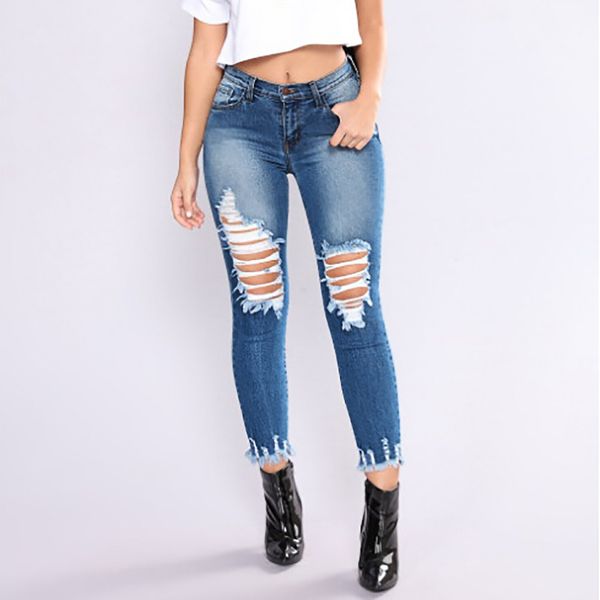 

ripped jeans pants women denim long low waist office lady plus size capris zipper trousers slim pantalones hole pencil pant, Blue
