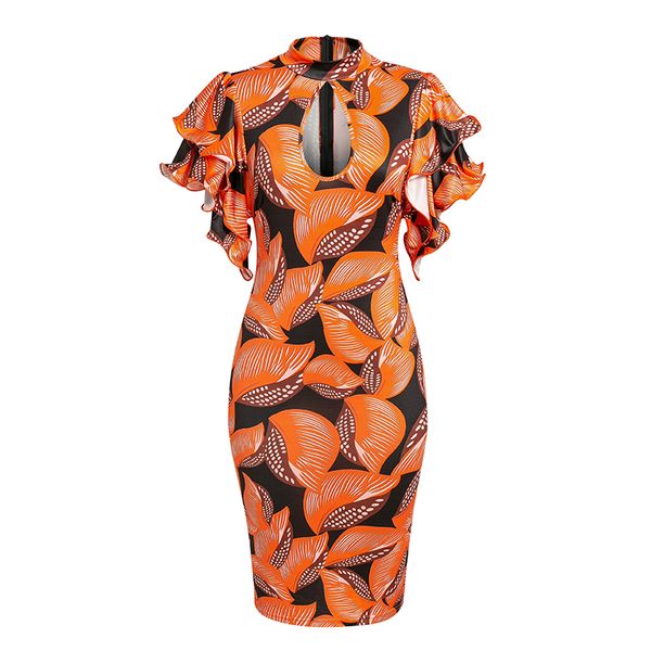 

Elegant Ruffle Sleeve Bodycon Women Dress Sexy Long Party Club Midi Dress Summer Leaf Print Beach Holiday Casual Dress