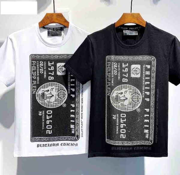 

pp tide brand short sleeved mens designer t-shirt summer slim t-shirt punk rhinestone skull t-shirt street hip hop t shirt sports t shirt, White;black