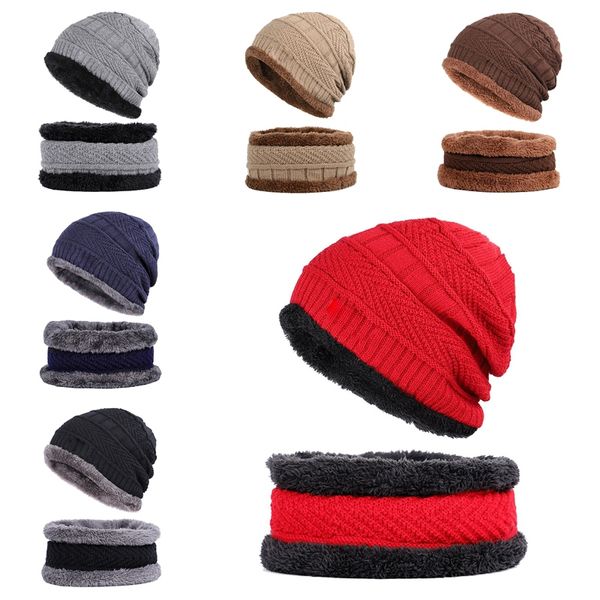 

winter 2 pieces set thicken hedging cap soft cap knit beanie baggy scarf warm male outwear hat scarf sets, Blue;gray